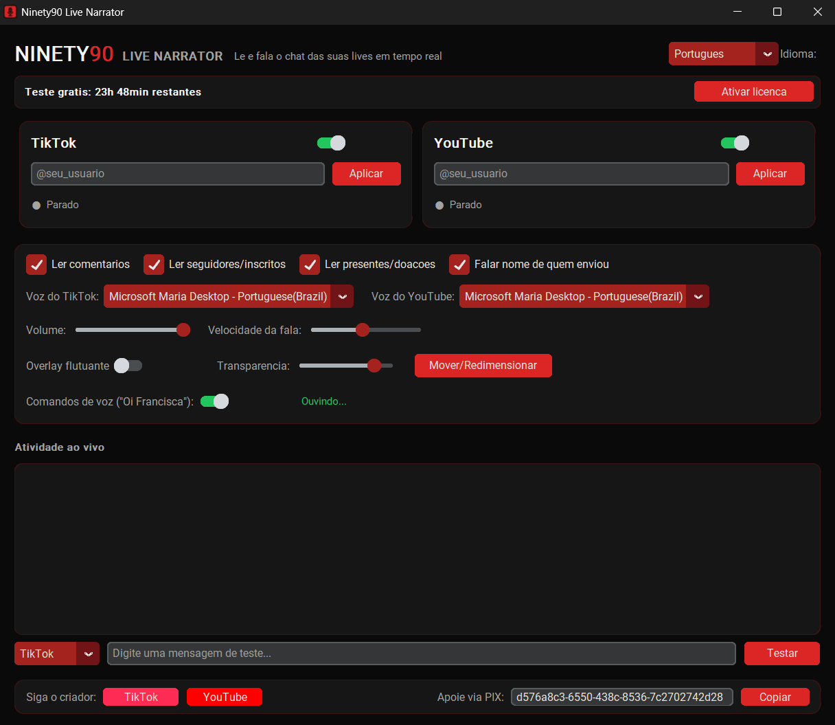 Interface real do Live Narrator